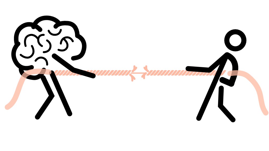 Strichfigur-Illustration: Brain zieht gegen Person an Seil, pfirsichfarbene Kraftlinien