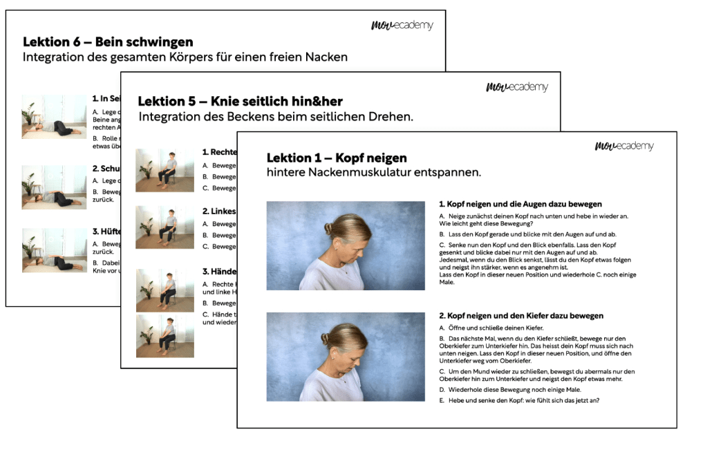 Kursübersicht Freier Hals mit sechs Lektionen zu Kopfneigen, Knie seitlich, Bein schwingen und Nackenmuskulatur