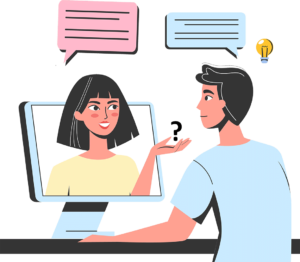 Illustration einer Online-Beratung zwischen einer Frau am Laptop und einem Mann, mit Sprechblasen und Glühbirnen-Symbol