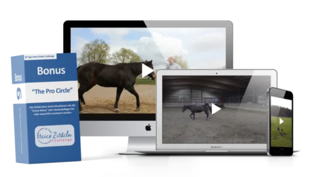Mockup Bonus The Pro Circle Videoreihe auf verschiedenen Geräten mit Pferd beim freien Zirkeln