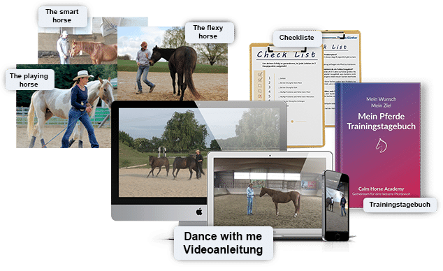 Produktmockup der Freies Zirkeln Challenge mit Pferden, Trainingsmaterialien, Checkliste und Videoanleitung auf verschiedenen