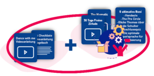 Illustration zweier Trainingsmaterialien mit Play-Buttons und einer Trainerin, umrandet von rosa Ellipse