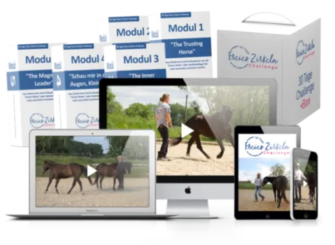Produktmockup Freies Zirkeln mit fünf Modulen auf Laptop, Tablet und Smartphone mit Trainingsvideos und Arbeitsmaterialien