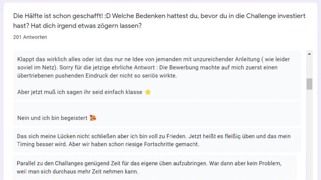 Screenshot eines Forumsbeitrags mit Kundenstimmen zur Freies Zirkeln Challenge mit 201 Antworten