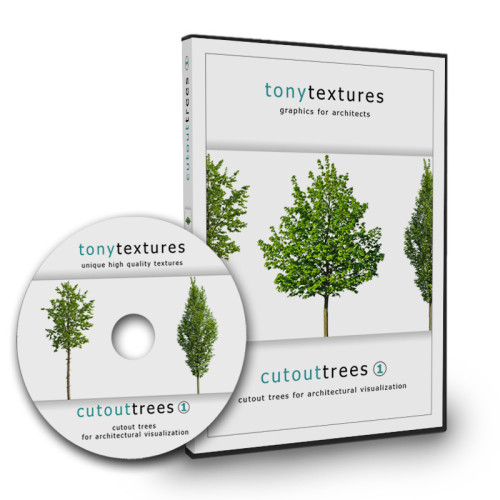 Produktmockup von Cutout Trees 1: DVD-Box und Disc mit freigestellten Baum-Grafiken für Architektur-Visualisierung