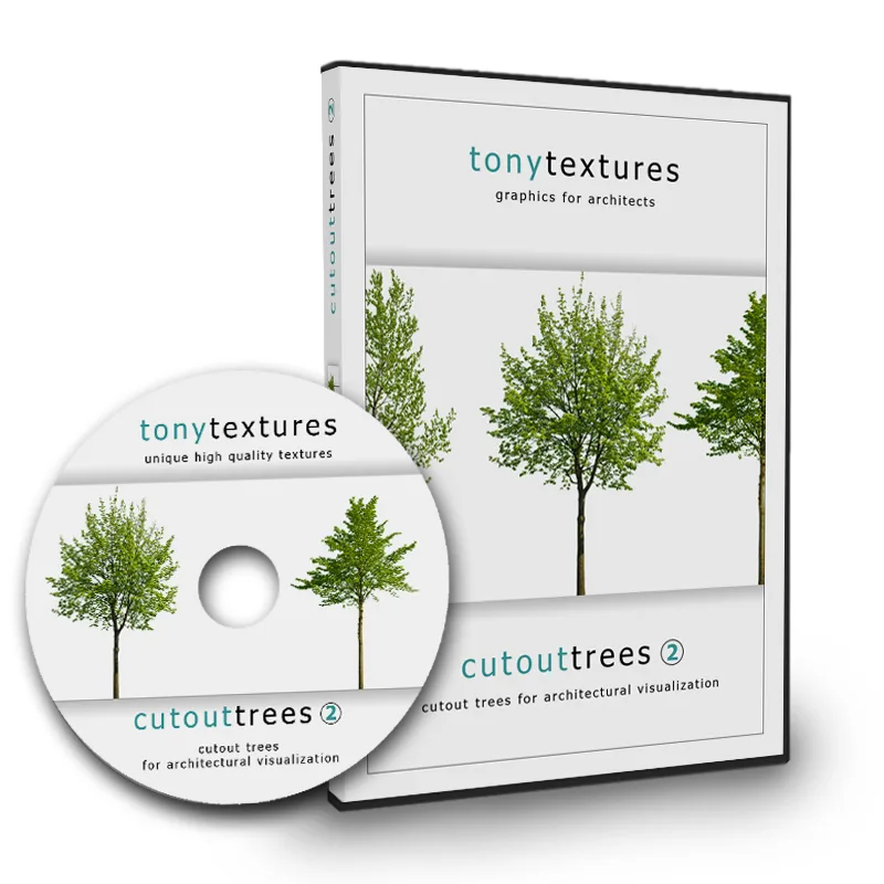 Freigestellte Bäume 2 – PNG-Entourage 1 Cutout Trees architecture V02 A – Produktbox und DVD der Texturenbibliothek tonytextures mit Baumausschnitten