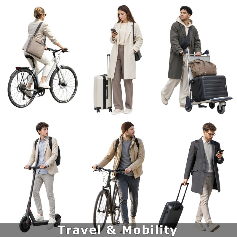 Neun freigestellte Personen mit Reisegepäck, Fahrrädern und E-Scootern
