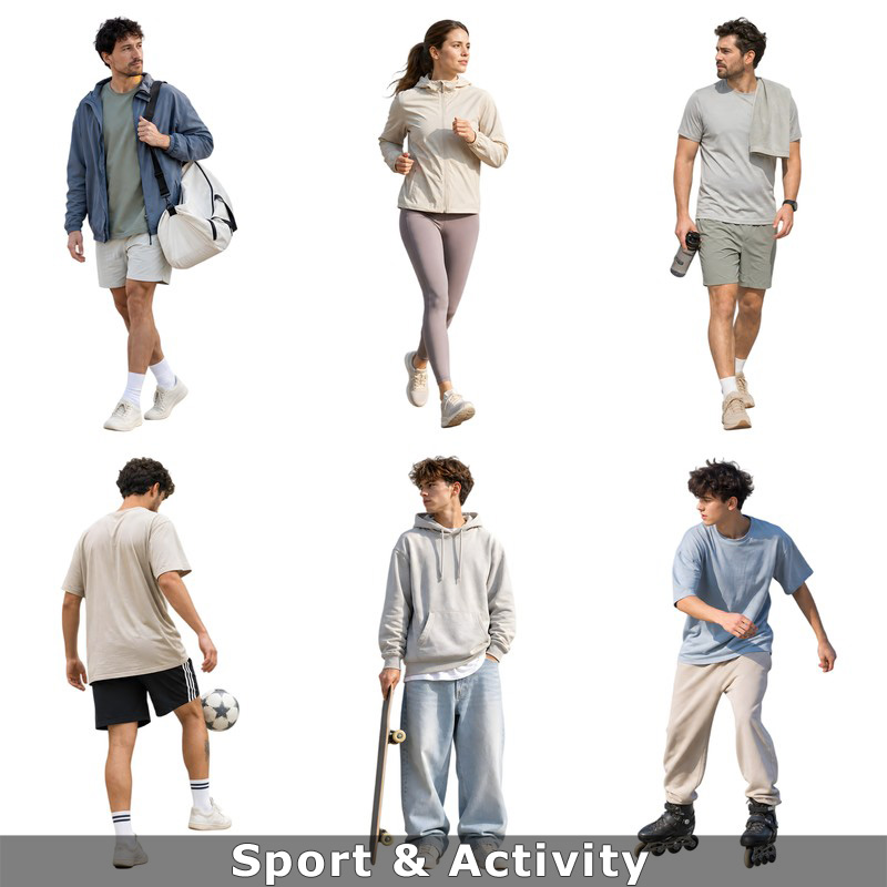 Neun freigestellte Personen beim Joggen, Skateboarden, Fußballspielen und Sport