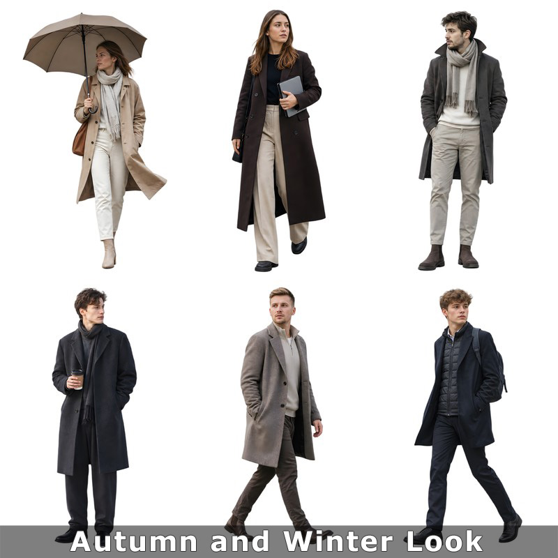 Neun freigestellte Personen in Herbst- und Winterkleidung mit Mäntel und Regenschirm
