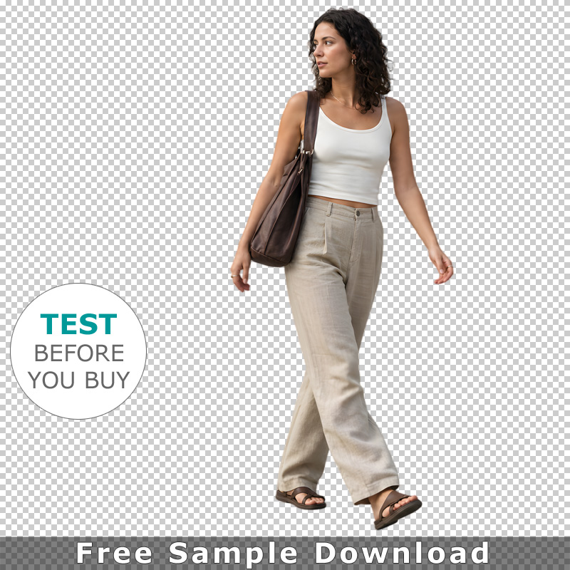 Einzelne freigestellte Frau in sommerlicher Kleidung mit Schultertasche gehend
