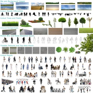 Übersicht aller ArchiVIZ-Grafiken inklusive Himmel, Hintergründe, freigestellte Silhouetten, Bäume, Bodenansichten, Texturen