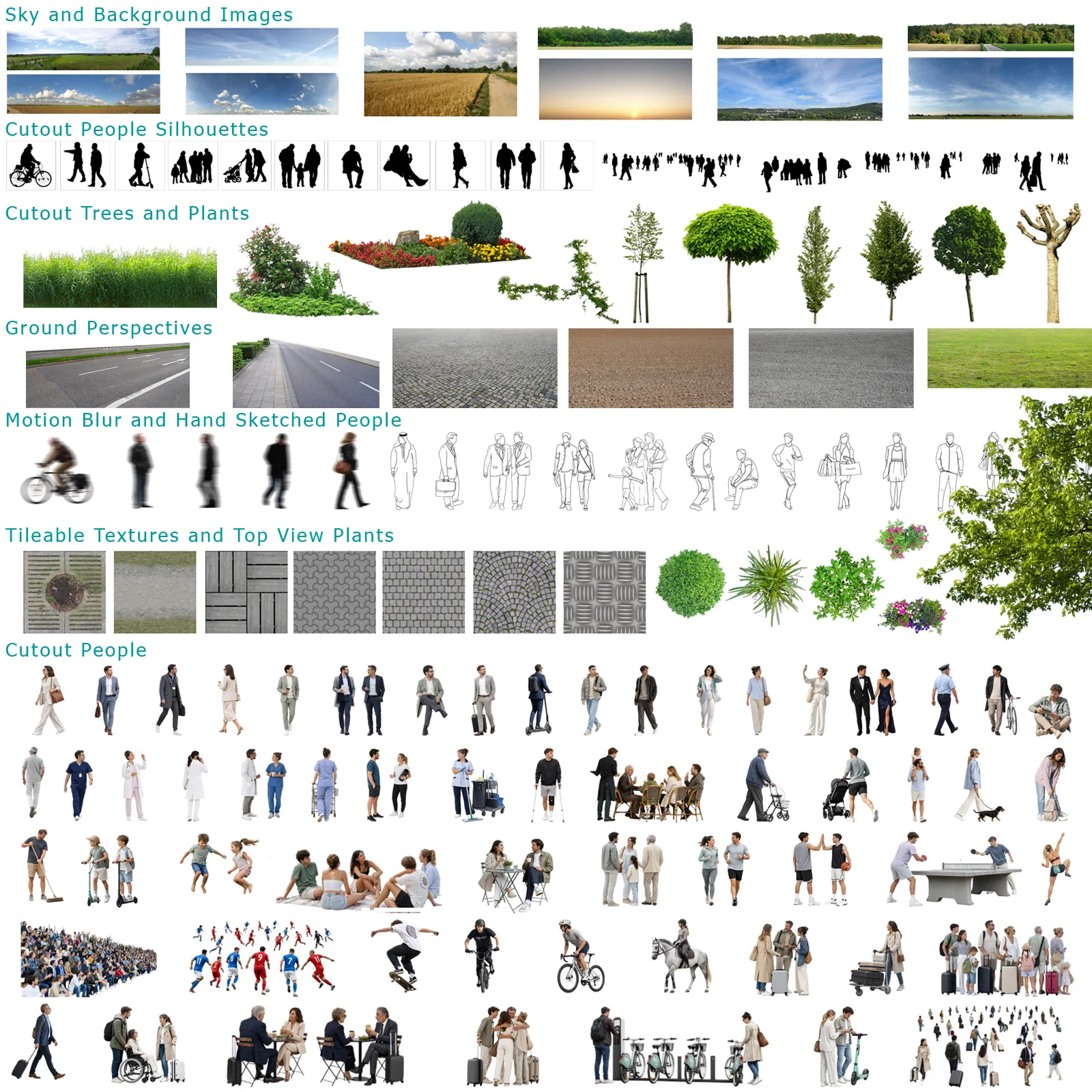 Übersicht aller ArchiVIZ-Grafiken inklusive Himmel, Hintergründe, freigestellte Silhouetten, Bäume, Bodenansichten, Texturen
