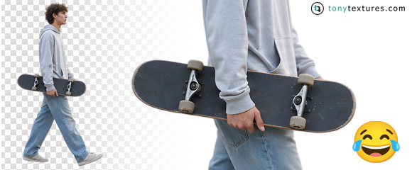 KI-Fehler junger Mann mit Skateboard, Hand und Griffe verzerrt, Fail-Smiley