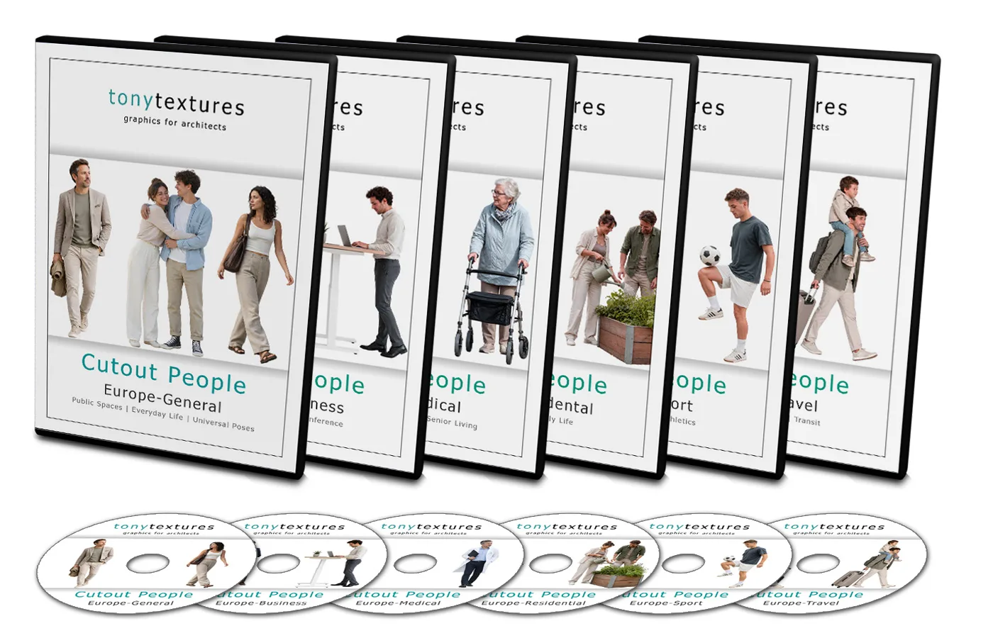 Produktbox-Set mit 6 DVDs von Tonytextures Cutout People Architecture Entourage AI Generated, jeweils mit freigestellten Pers