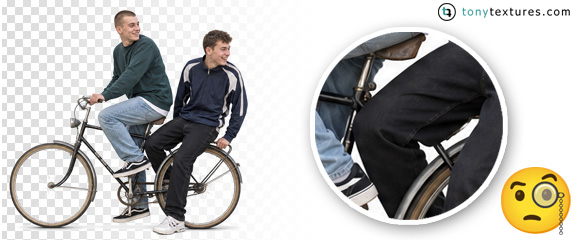 KI-Fehler bei zwei Personen auf Fahrrad mit verformtem Sattel, gekennzeichnet mit Smiley