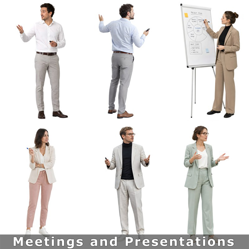 Neun freigestellte Personen in Präsentations- und Meeting-Situationen – gestikulierend, vor Flipchart, in verschiedenen Busin