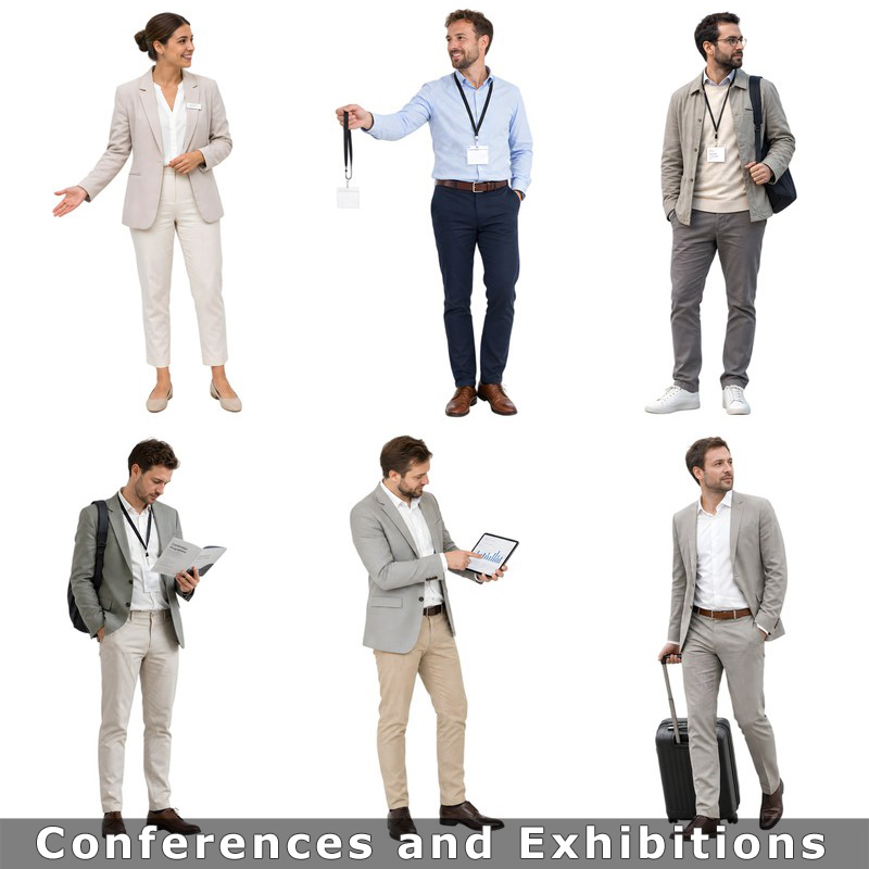 Neun freigestellte Personen in Business-Kleidung mit Namensschildern, Tablets und Reisetaschen – Konferenz- und Ausstellungss