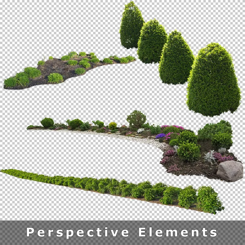 Freigestellte Perspektiv-Gartenelement – Gehölzgruppen und Sträucher in verschiedenen Größen