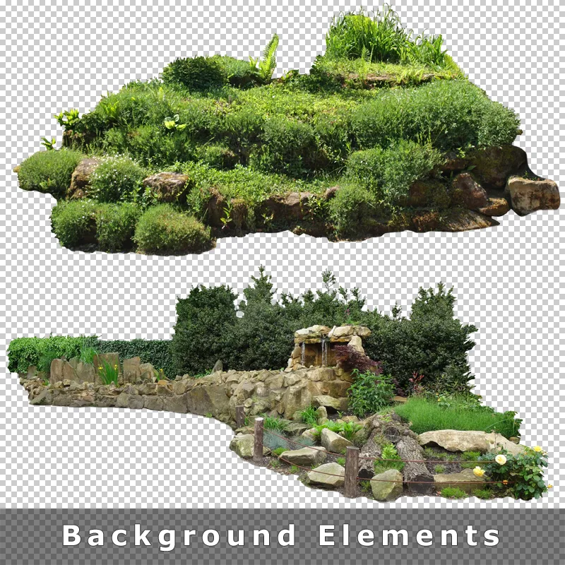 Freigestellte Gartenelemente – Moosbeete und Steinbeete mit Vegetation auf transparentem Hintergrund