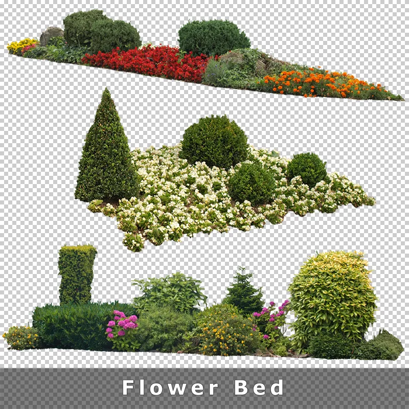 Freigestellte Blumenbeete mit farbigen Blüten, Büschen und Sträuchern