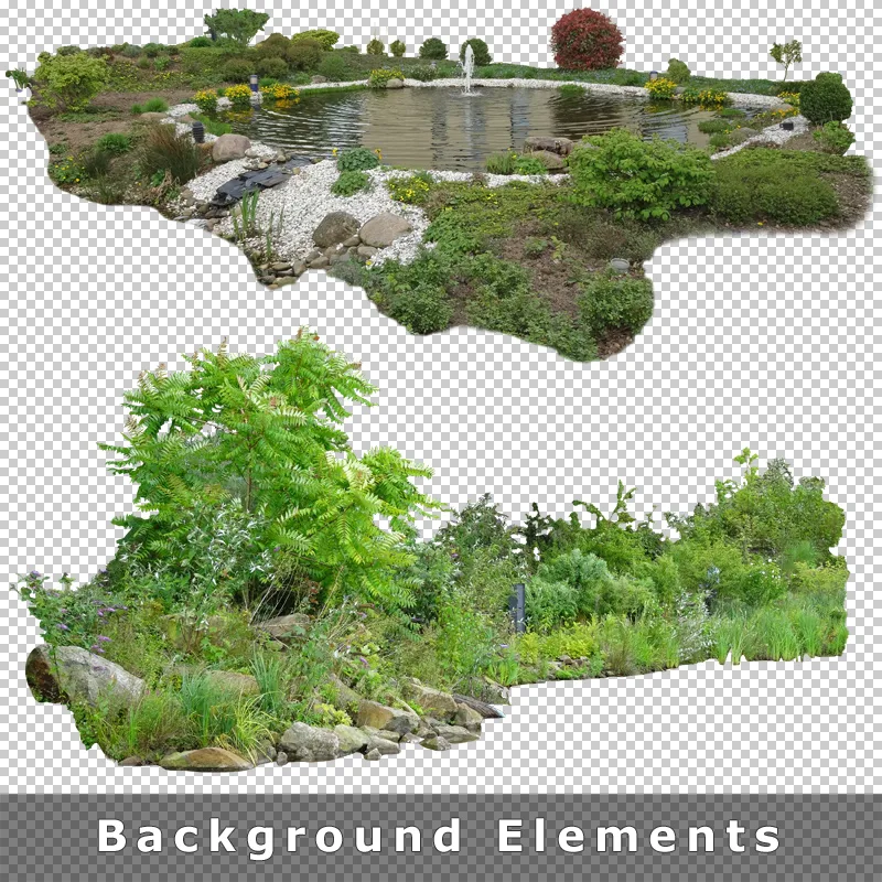 Gartendesign-Hintergrund mit Teich, Brunnen, Steinen und vielen grünen Pflanzen