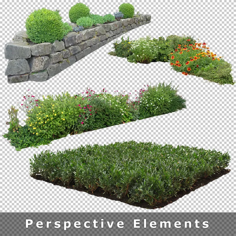 Gartengestaltungselemente mit Steineinfassungen und bepflanzten Beeten