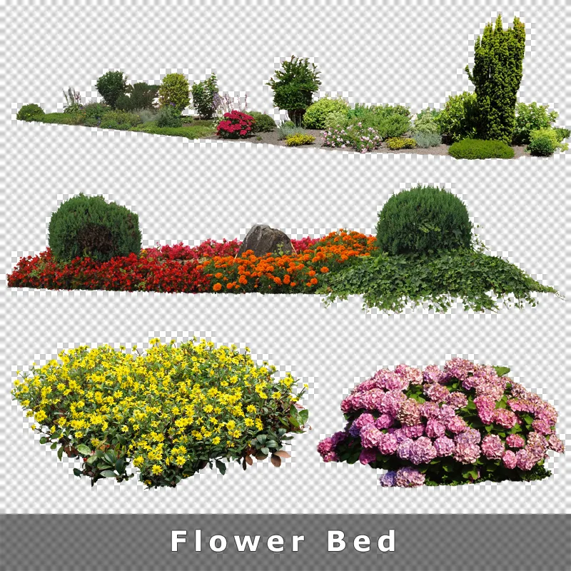Blumenbeete mit roten, gelben und rosa blühenden Pflanzen sowie Grünflächenkomposition
