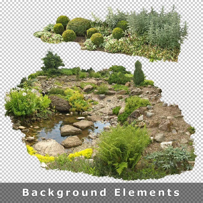 Gartengestaltung mit Wasser, Steinen, Gräsern und komplexem Landschaftselement