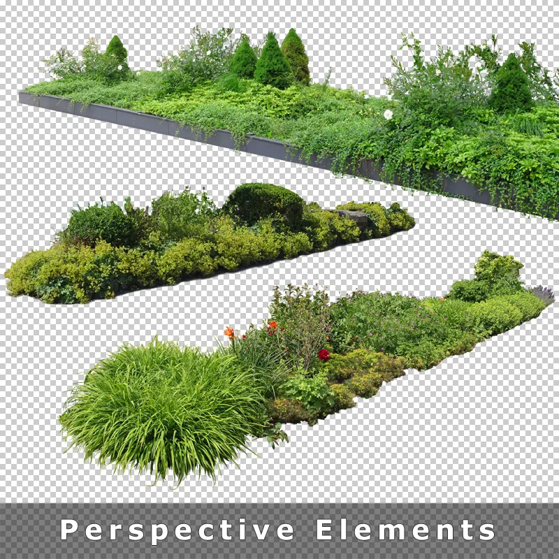 Perspektivische Gartenbeet-Elemente mit Pflanzen, Hecken und Blüten freigestellt