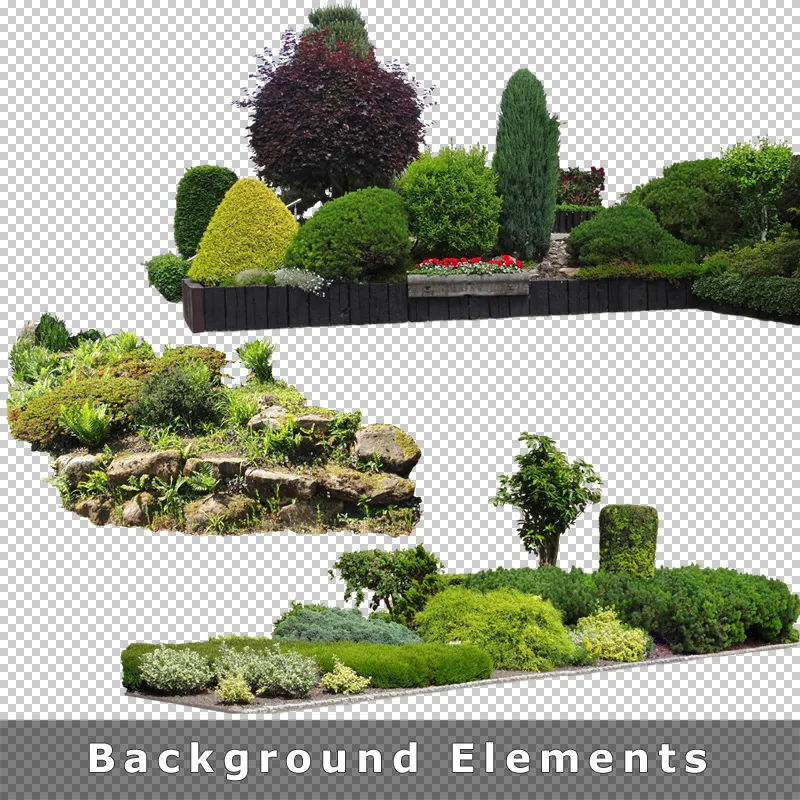 Komplexe Gartenbereiche mit Steinen, Büschen, Bäumen und Blüten freigestellt