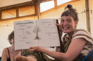 Frau präsentiert freudig Skizze eines Baumes mit Permakultur-Notizen zur Wildgestaltung und Biodiversität
