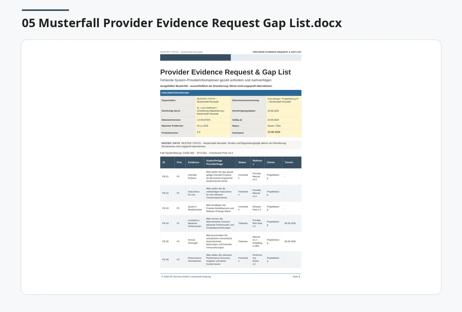 Musterfall Provider Evidence Request Gap List mit Dokumenterklärung und Anforderungstabelle