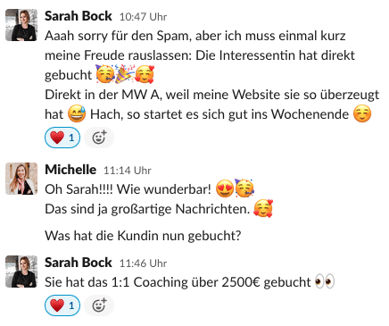 Screenshot einer WhatsApp-Konversation zwischen Sarah Bock und Michelle über Coaching-Erfolg und Website-Conversion