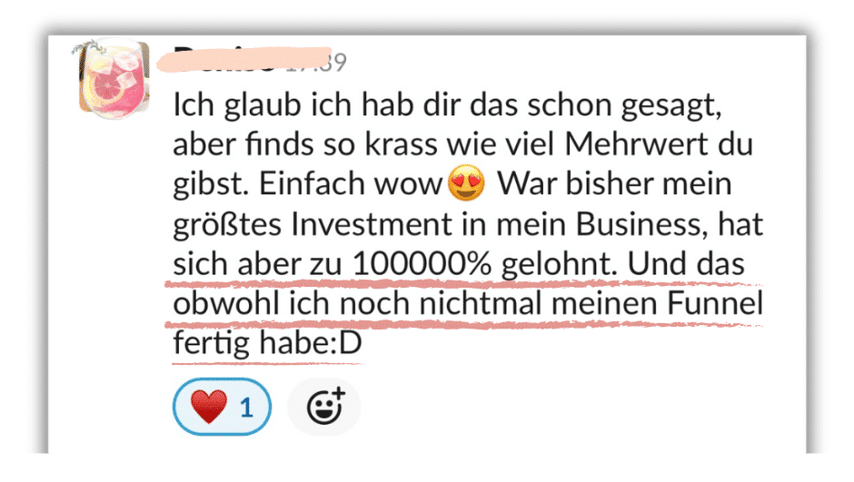 Kundenstimme von Teilnehmer mit Grapefruit-Avatar über 100000% ROI durch Funnel Besties