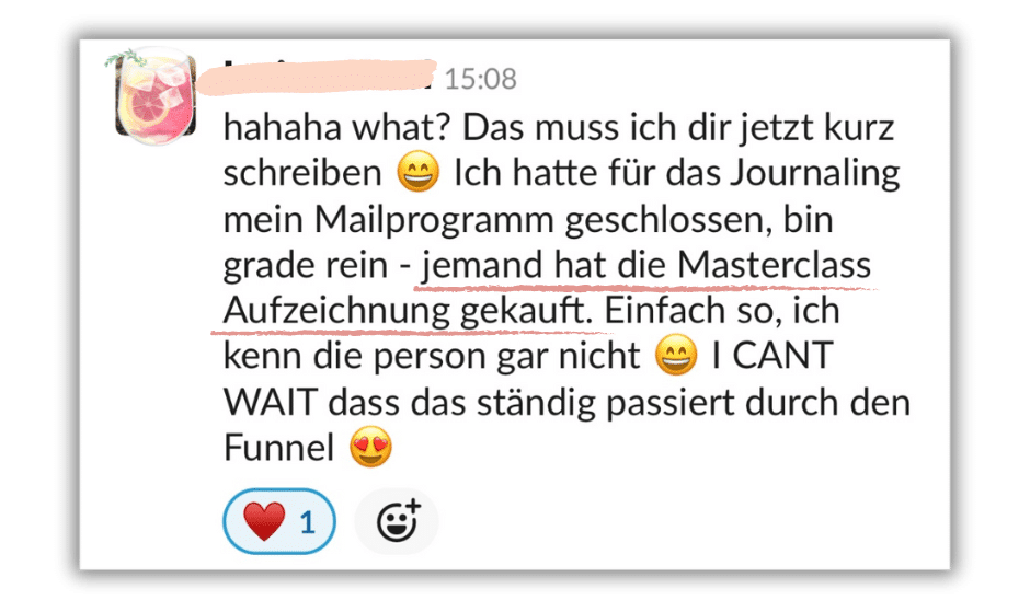 Kundenstimme über Masterclass Aufzeichnung im Funnel, Journaling Mailprogramm