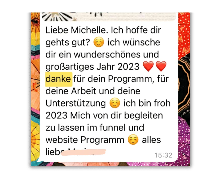 Kundenstimme an Michelle über Programm, Jahreswunsch 2023, danke für Unterstützung