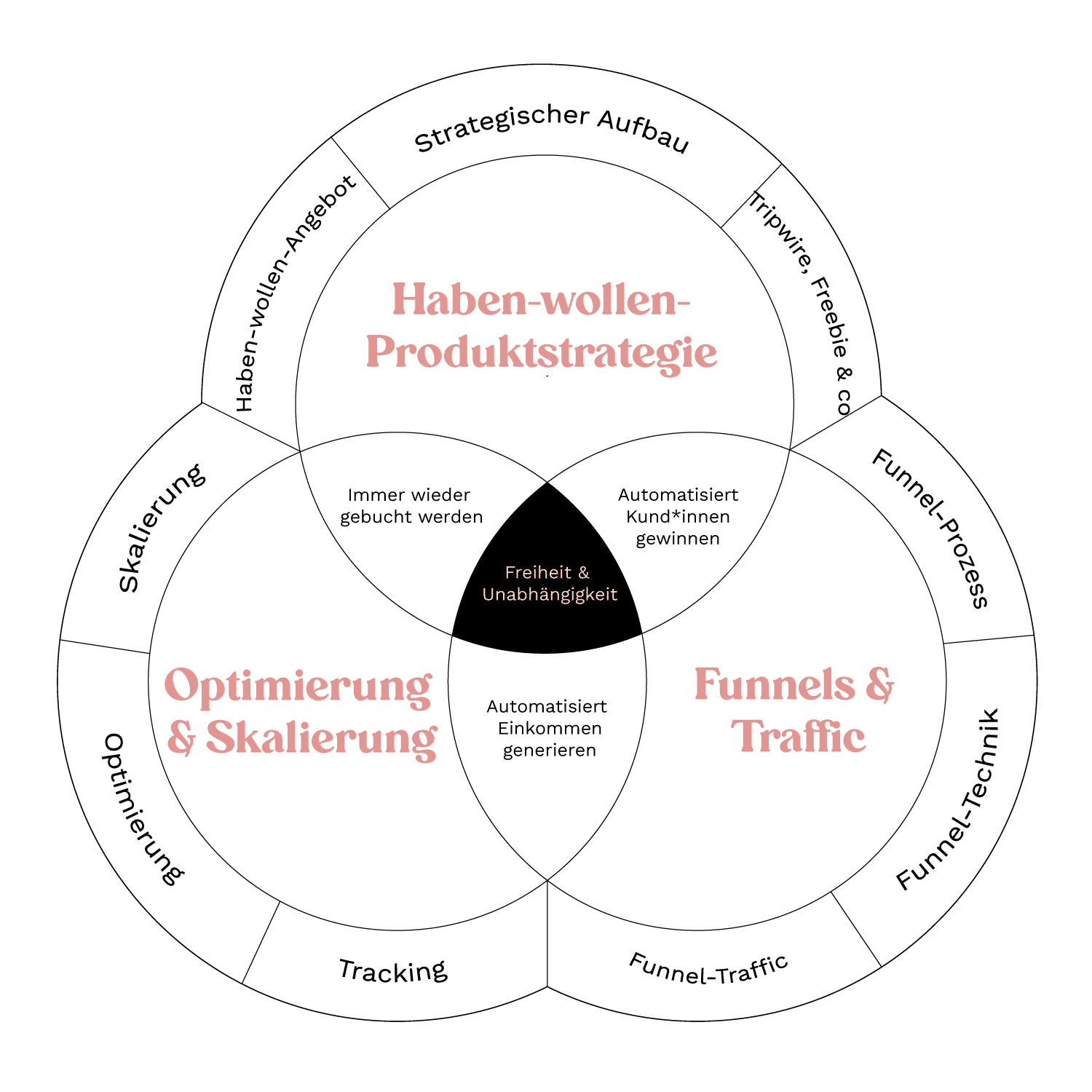 Strategisches Kreisdiagramm mit Produktstrategie, Optimierung und Funnels