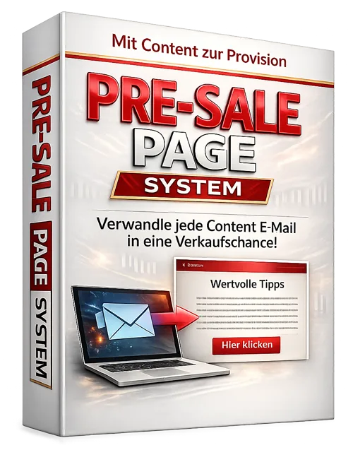 Pre-Sale Page System Cover mit rotem Design, zeigt Laptop mit E-Mail-Icon und 'Verwandle jede Content E-Mail in eine Verkaufs