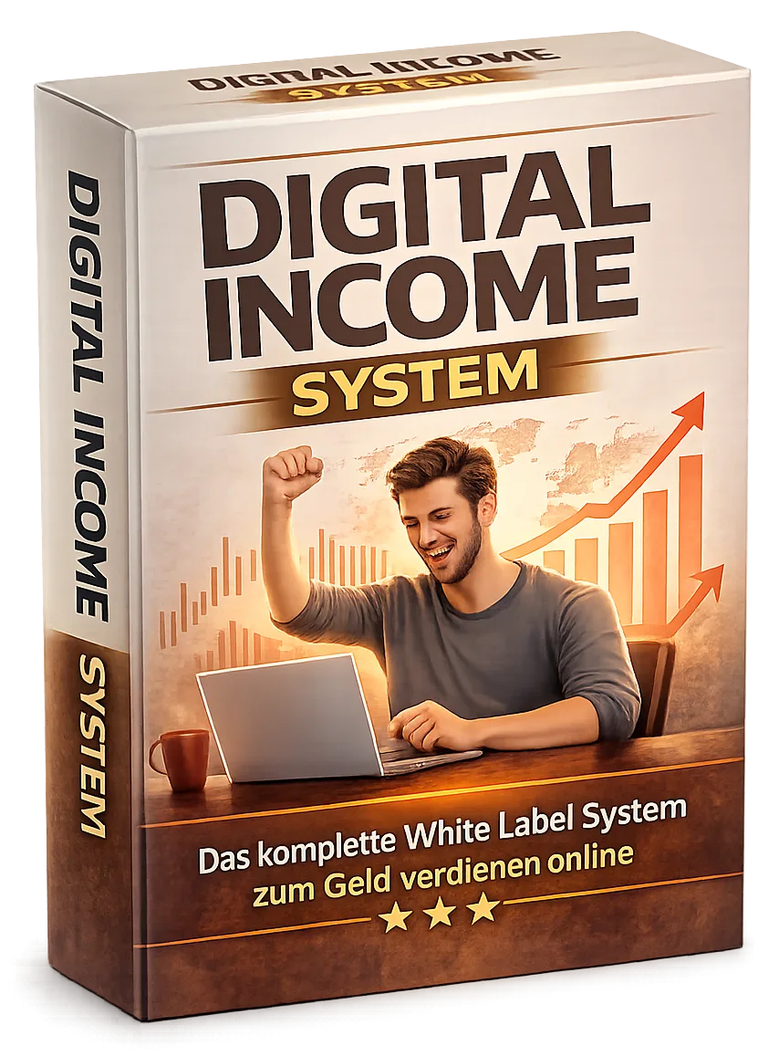 Digital Income System Cover mit warmem Beige-Design, Mann am Laptop, Balkendiagramme mit Aufwärtstrend und Stern-Rating