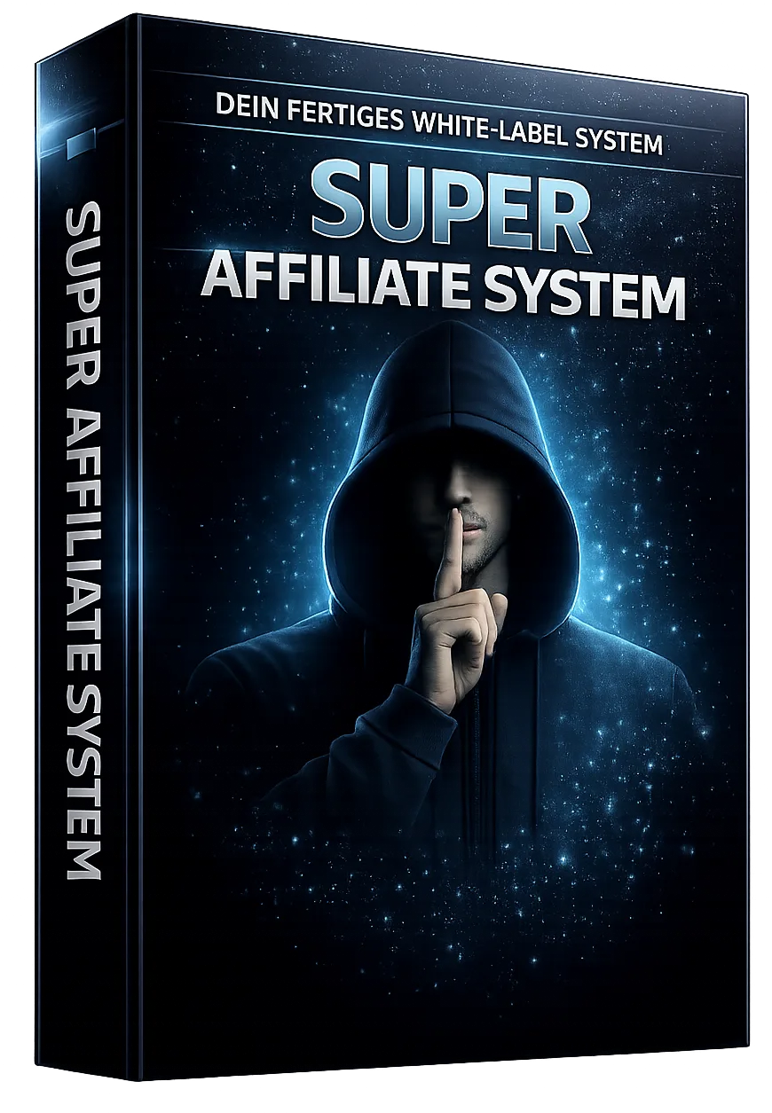 Super Affiliate System Cover mit dunkelblauem Sternenhimmel, Figure in Kapuzenpulli mit geheimnisvoll erhobenem Finger