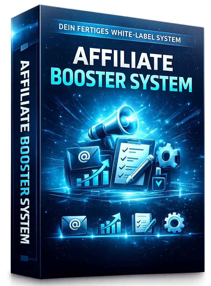 Affiliate Booster System Cover mit leuchtend blauem Neon-Design, Megafon und Marketing-Icons mit Glüh-Effekten