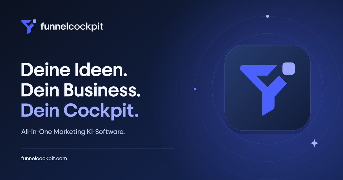 FunnelCockpit Dashboard mit Logo, Slogan und Produkticon auf dunklem Hintergrund