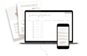 Mockup eines Schmerztagebuchs auf Laptop, Tablet und Smartphone