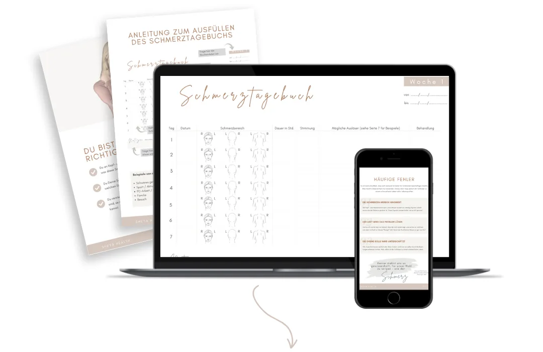 Mockup eines Schmerztagebuchs auf Laptop, Tablet und Smartphone