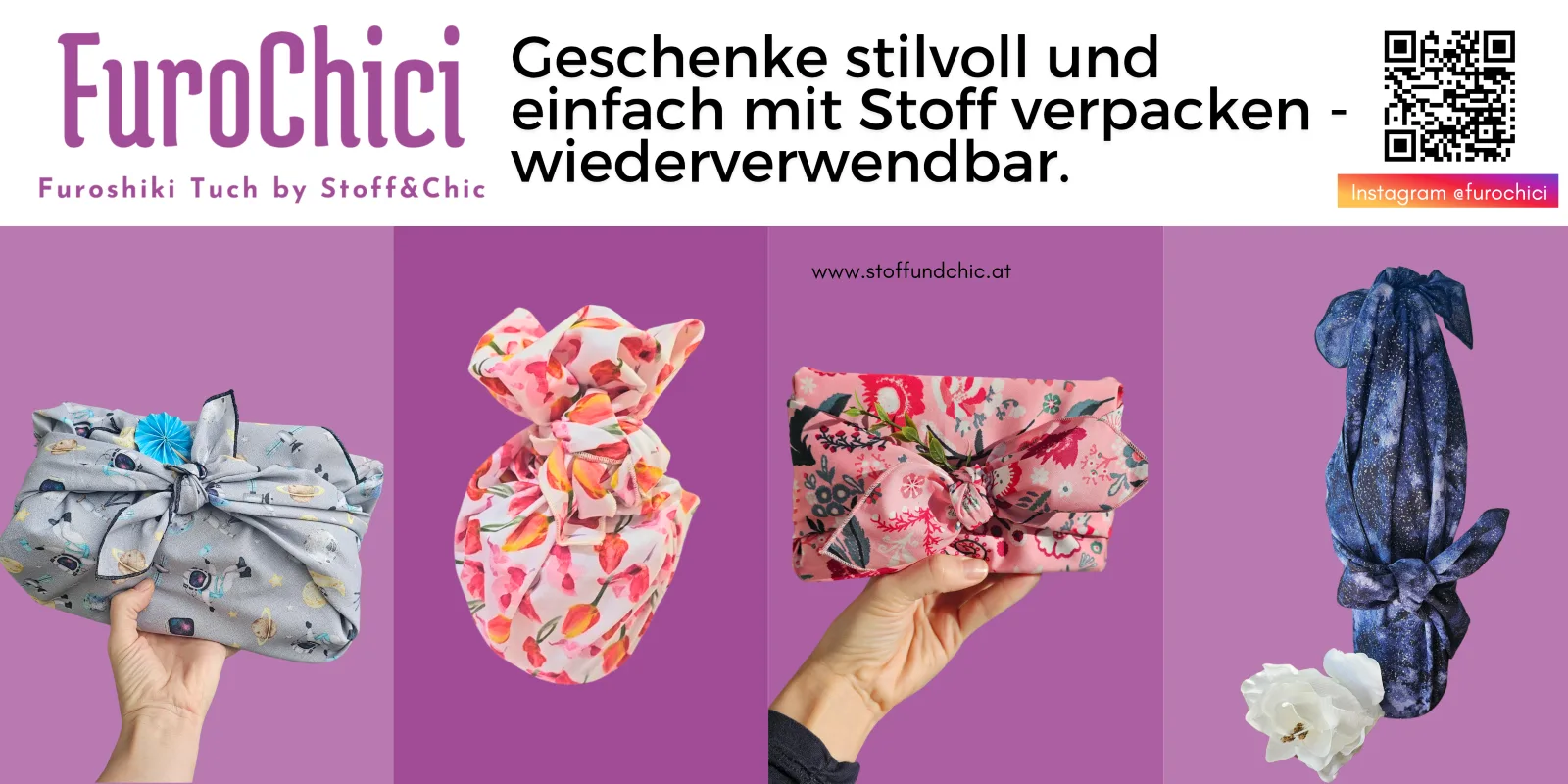Hero-Banner für Furoshiki Onlinekurs mit Produktbeispielen und QR-Code