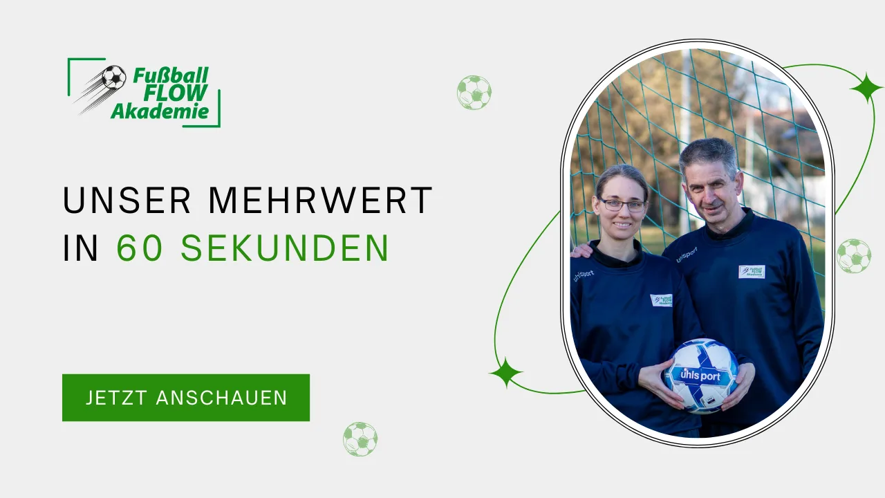 Fußball FLOW Akademie – Mentalcoaching für Kicker 2 Unser Mehrwert in 60 Sekunden - Trainer mit Ball im Tor, Call-to-Action Button