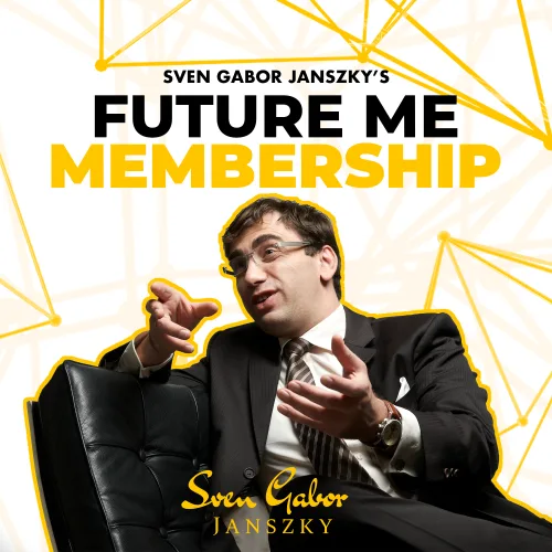 Future Me Membership – Mitgliedschaft für Zukunftstrends 2 Sven Gábor Jánszky Future Me Membership Cover mit geometrischem gelben Muster und Autor im schwarzen Anzug