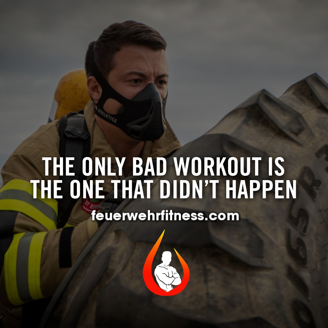 Feuerwehrmann mit Atemschutzmaske und Trainingsspruch Motivationszitat
