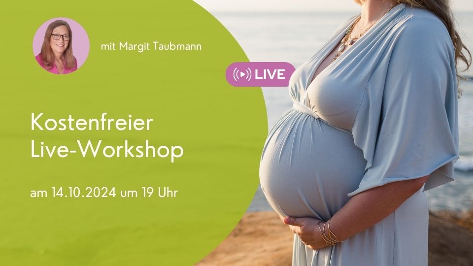 Workshop-Banner mit Margit Taubmann Portrait, schwangere Frau, Datum 14.10.2024