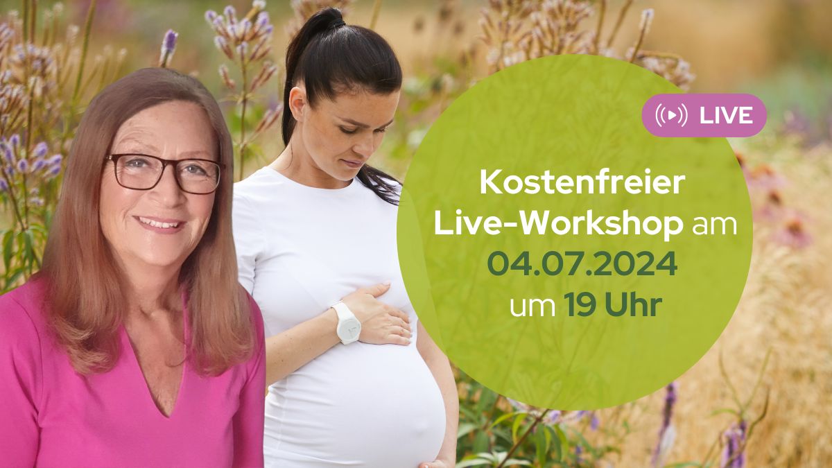 Workshop-Banner mit Margit Taubmann und schwangerer Frau, grüner Hintergrund, Datum 04.07.2024 19 Uhr